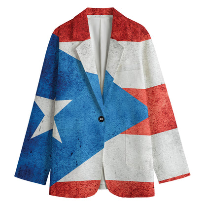 Grunge Puerto Rican Flag Print Women's Cotton Blazer