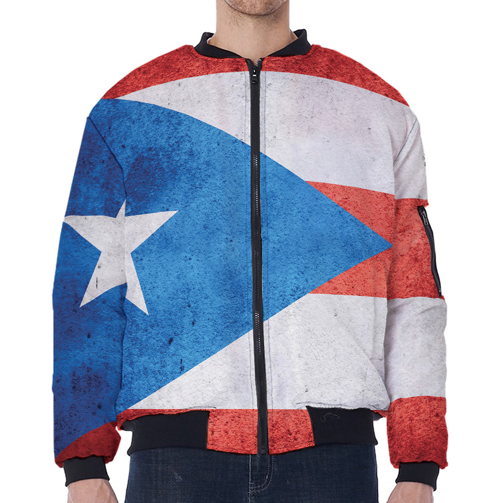 Grunge Puerto Rican Flag Print Zip Sleeve Bomber Jacket