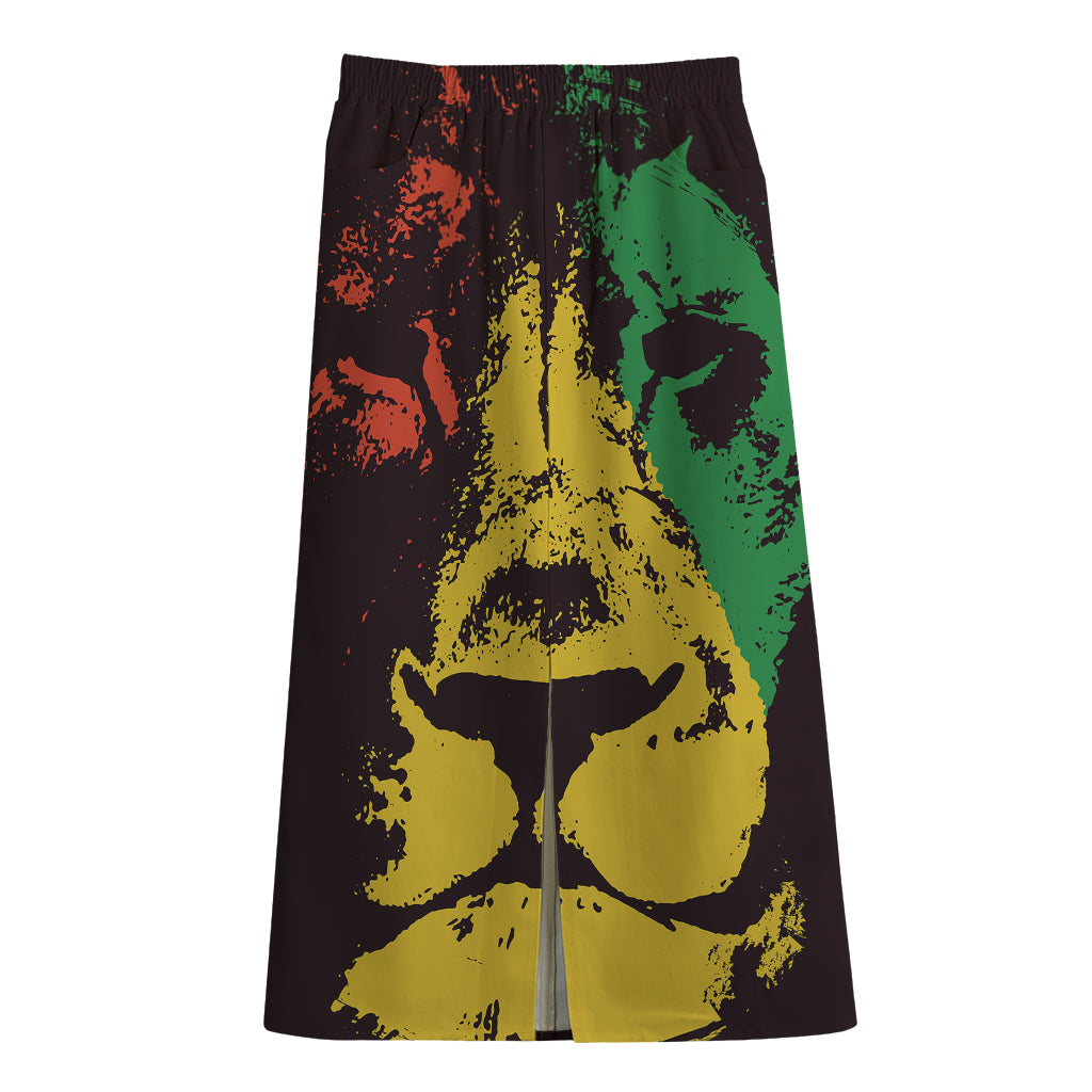 Grunge Rasta Lion Print Cotton Front Slit Maxi Skirt