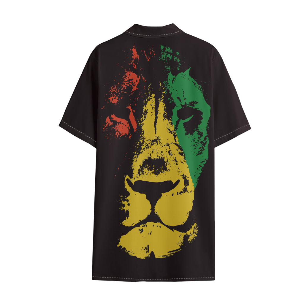 Grunge Rasta Lion Print Cotton Hawaiian Shirt