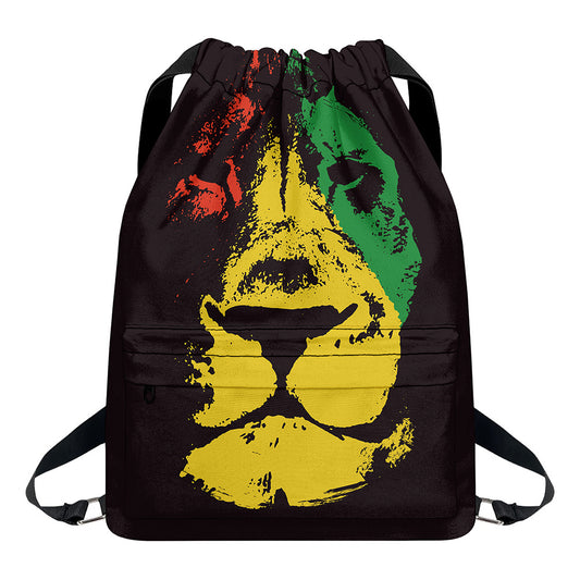 Grunge Rasta Lion Print Drawstring Backpack