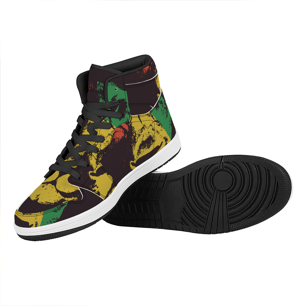 Grunge Rasta Lion Print High Top Leather Sneakers