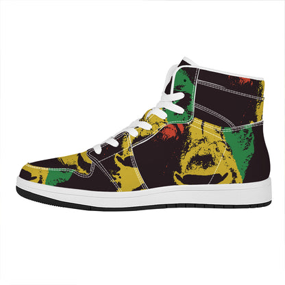 Grunge Rasta Lion Print High Top Leather Sneakers