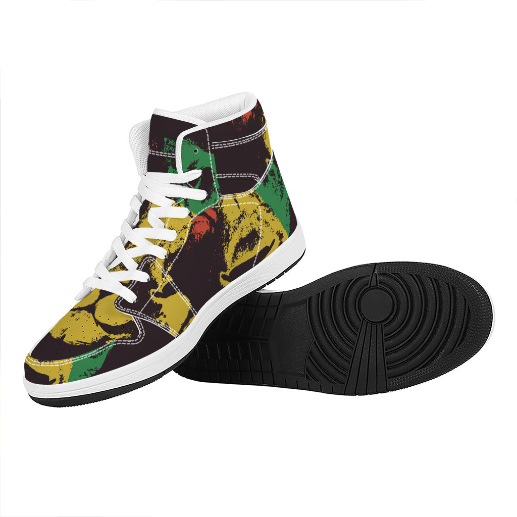 Grunge Rasta Lion Print High Top Leather Sneakers