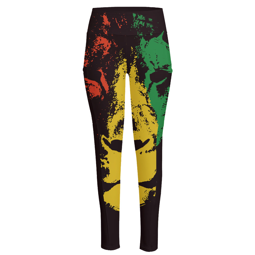 Grunge Rasta Lion Print High-Waisted Pocket Leggings