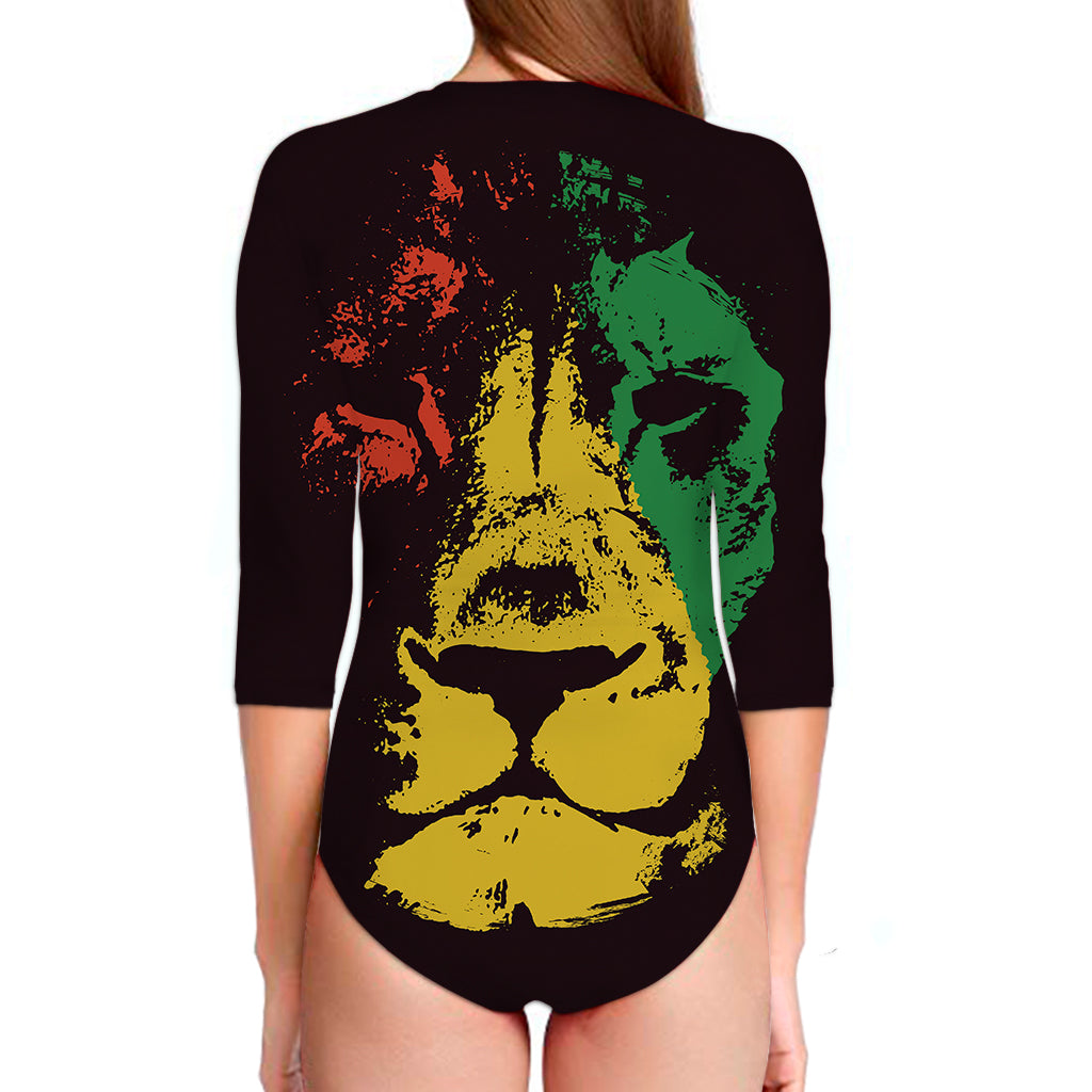 Grunge Rasta Lion Print Long Sleeve Swimsuit