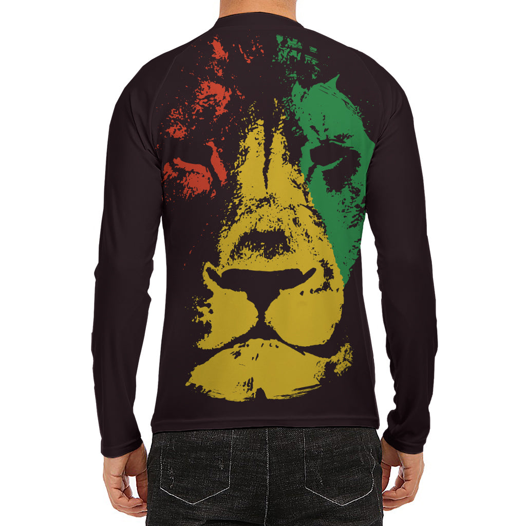 Grunge Rasta Lion Print Men's Long Sleeve Rash Guard