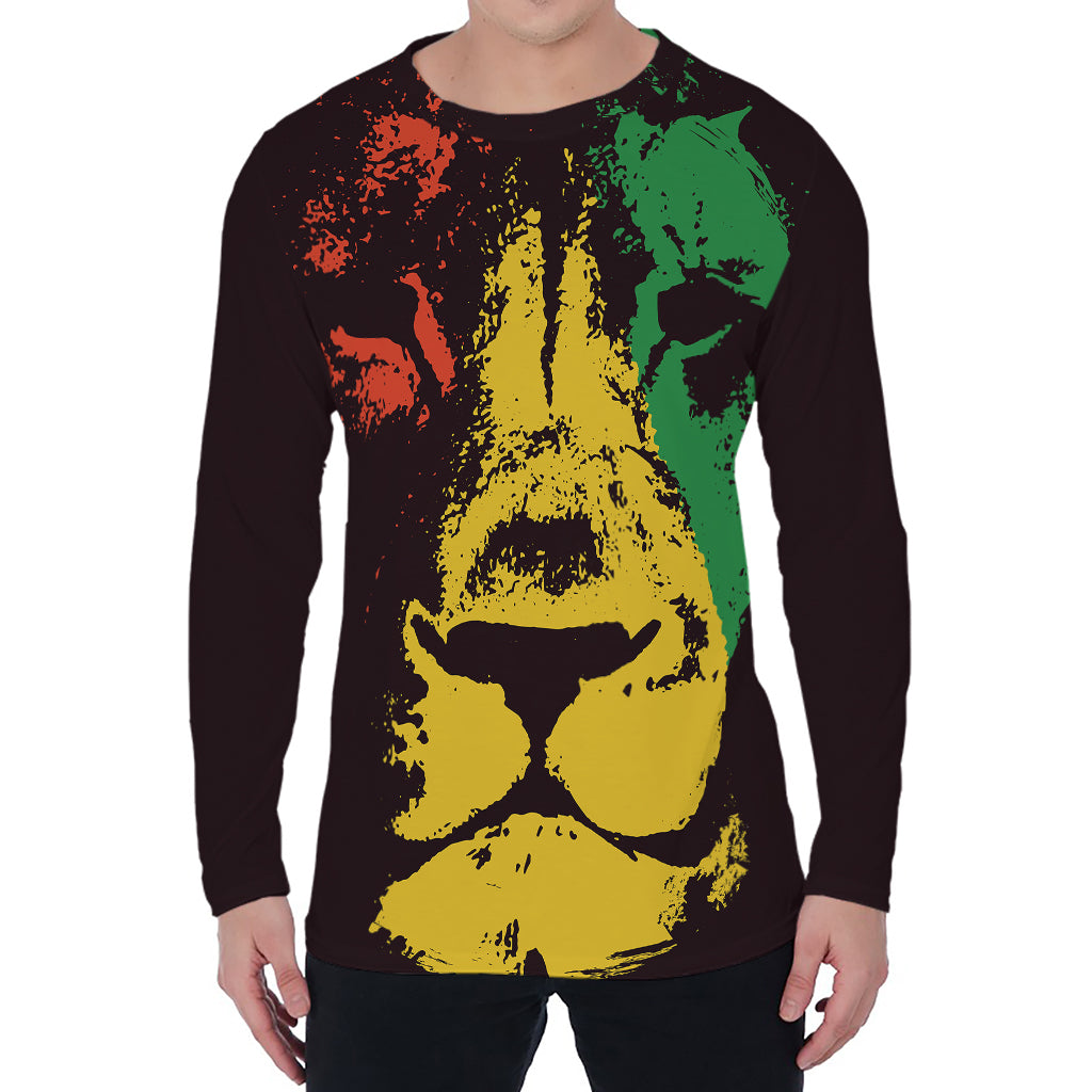 Grunge Rasta Lion Print Men's Long Sleeve T-Shirt