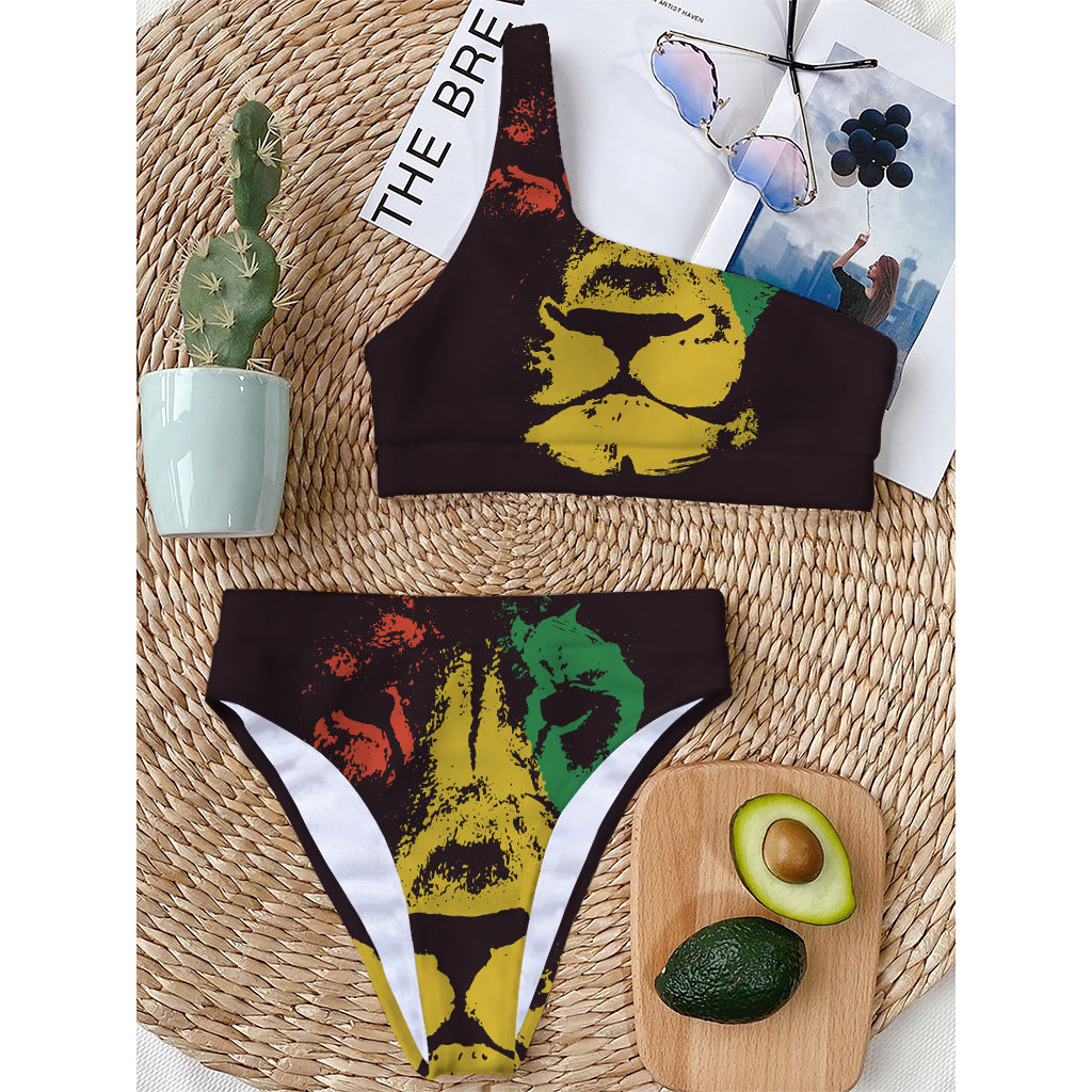 Grunge Rasta Lion Print One Shoulder Bikini Top