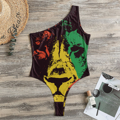 Grunge Rasta Lion Print One Shoulder Bodysuit