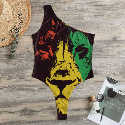 Grunge Rasta Lion Print One Shoulder Bodysuit