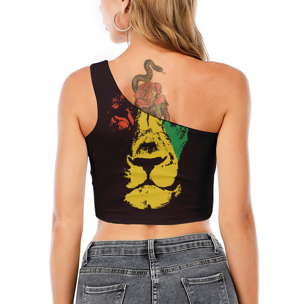 Grunge Rasta Lion Print One Shoulder Crop Top