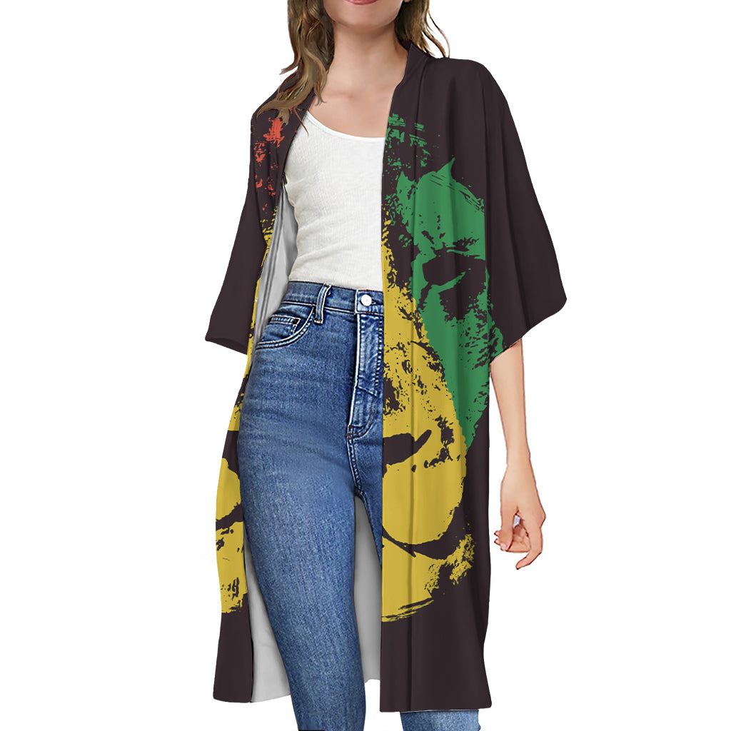 Grunge Rasta Lion Print Open Front Beach Cover Up