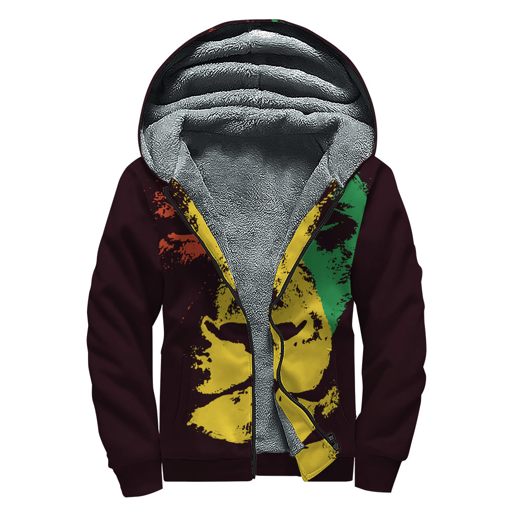 Grunge Rasta Lion Print Sherpa Lined Zip Up Hoodie