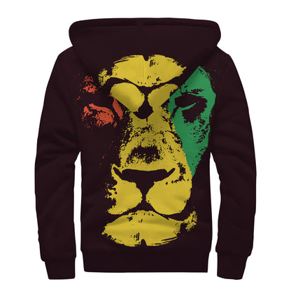 Grunge Rasta Lion Print Sherpa Lined Zip Up Hoodie