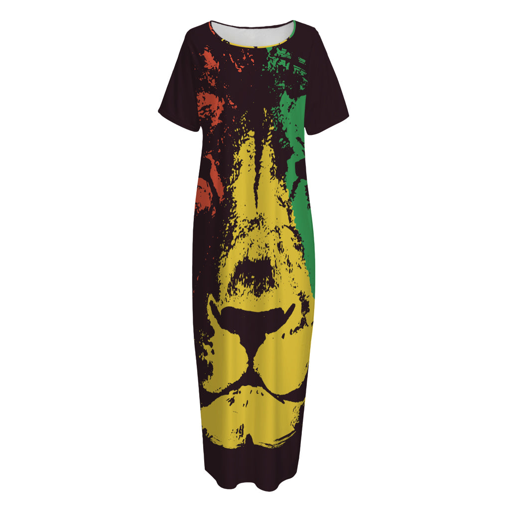 Grunge Rasta Lion Print Short Sleeve Long Nightdress