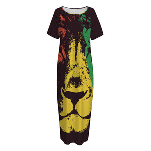 Grunge Rasta Lion Print Short Sleeve Long Nightdress