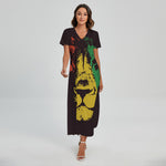 Grunge Rasta Lion Print Short Sleeve Maxi Dress