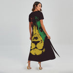 Grunge Rasta Lion Print Short Sleeve Maxi Dress