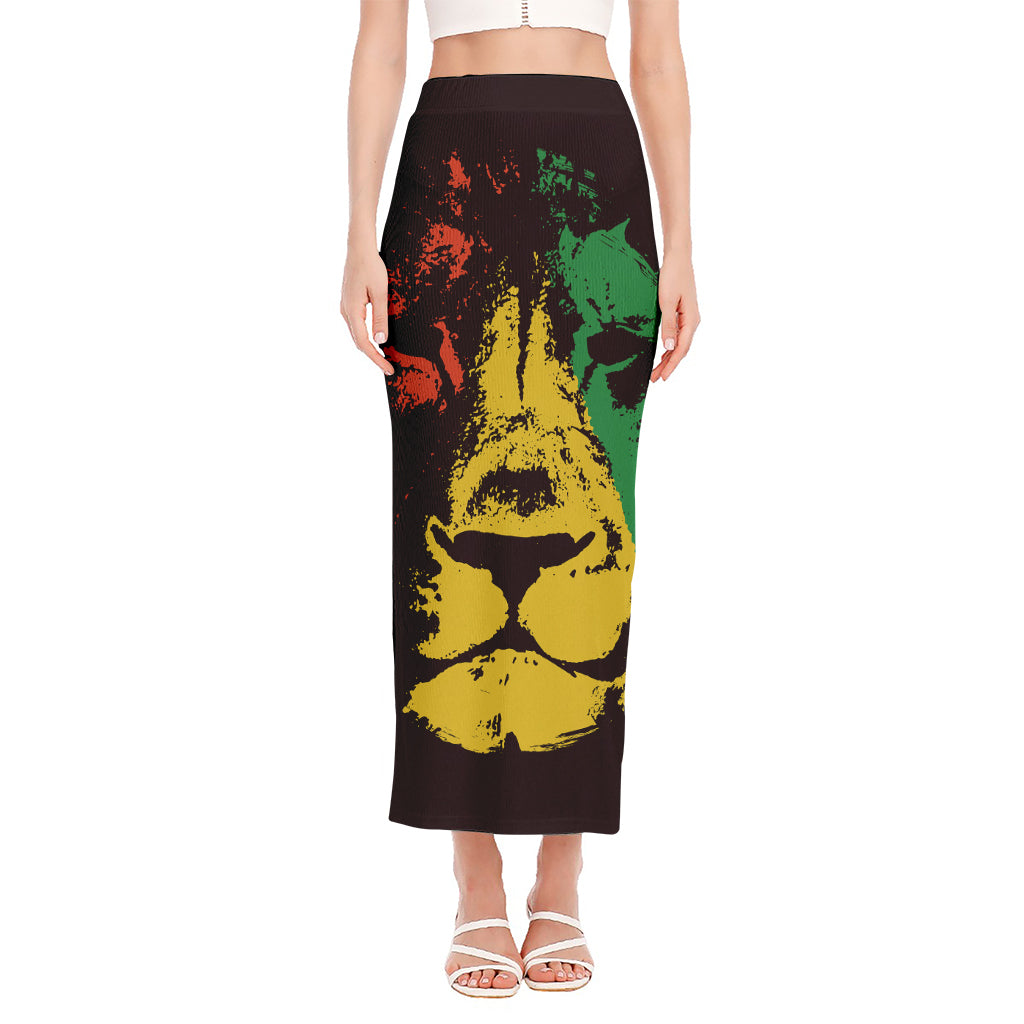 Grunge Rasta Lion Print Side Slit Maxi Skirt