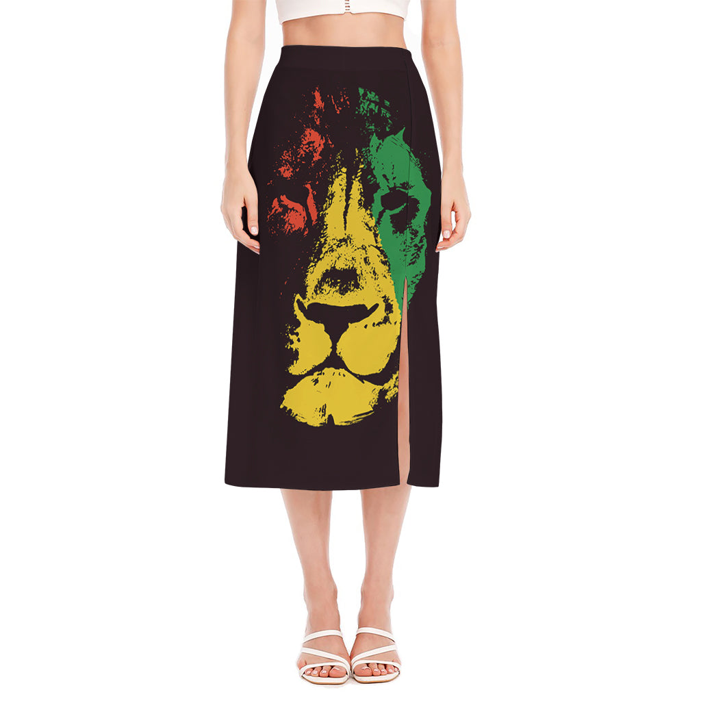 Grunge Rasta Lion Print Side Slit Midi Skirt