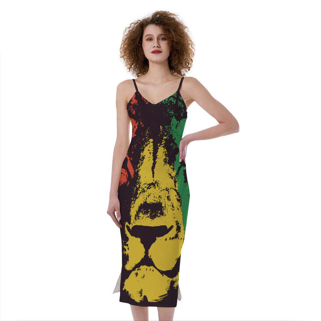 Grunge Rasta Lion Print Slim Fit Midi Cami Dress