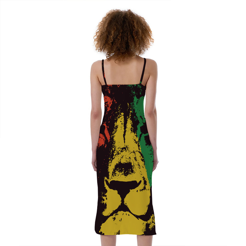 Grunge Rasta Lion Print Slim Fit Midi Cami Dress