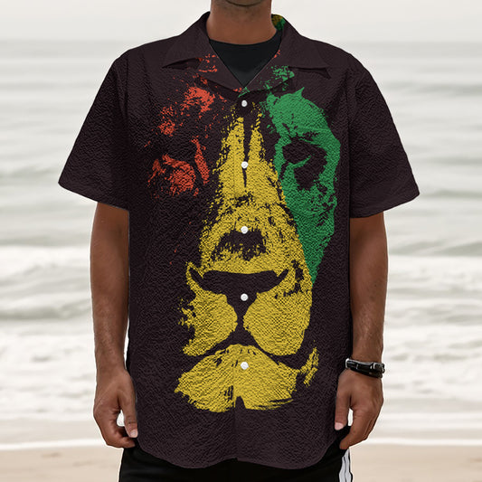Grunge Rasta Lion Print Textured Short Sleeve Shirt