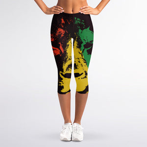 Grunge Rasta Lion Print Women's Capri Leggings