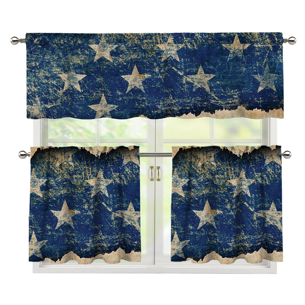 Grunge Ripped Paper American Flag Print 3 Piece Kitchen Curtains
