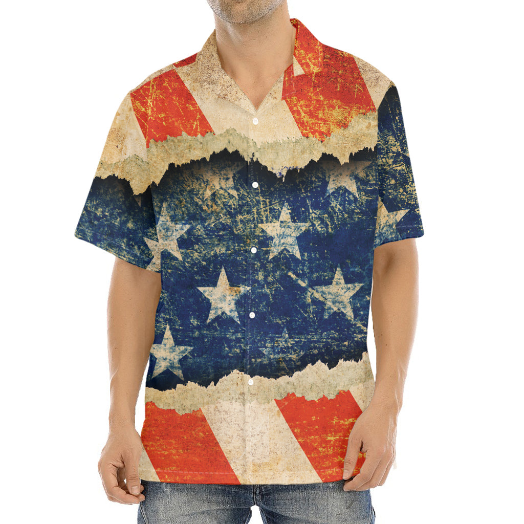 Grunge Ripped Paper American Flag Print Aloha Shirt