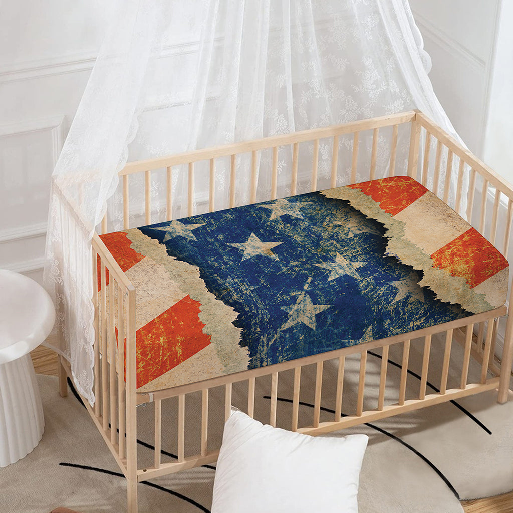 Grunge Ripped Paper American Flag Print Baby Crib Sheet
