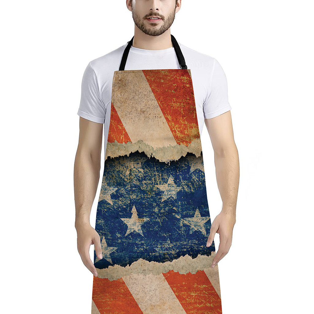 Grunge Ripped Paper American Flag Print Bib Apron With Pocket