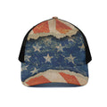 Grunge Ripped Paper American Flag Print Black Mesh Trucker Hat