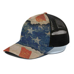 Grunge Ripped Paper American Flag Print Black Mesh Trucker Cap