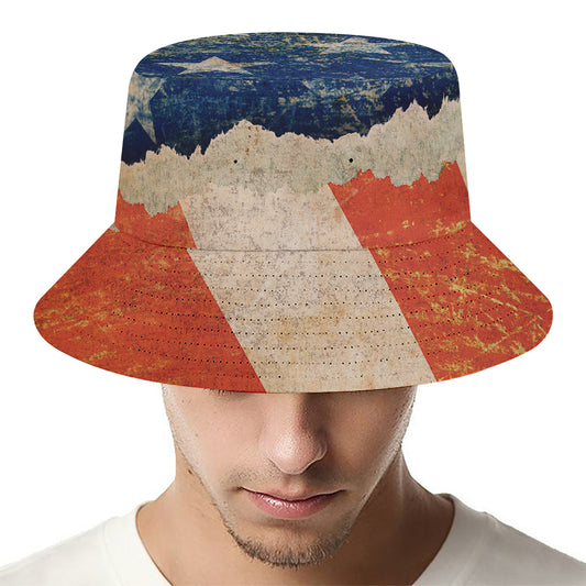 Grunge Ripped Paper American Flag Print Bucket Hat