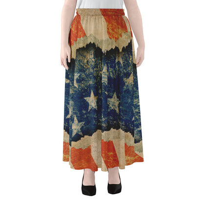 Grunge Ripped Paper American Flag Print Chiffon Maxi Skirt