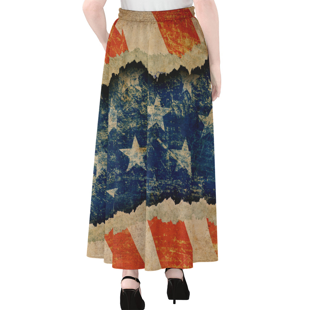 Grunge Ripped Paper American Flag Print Chiffon Maxi Skirt
