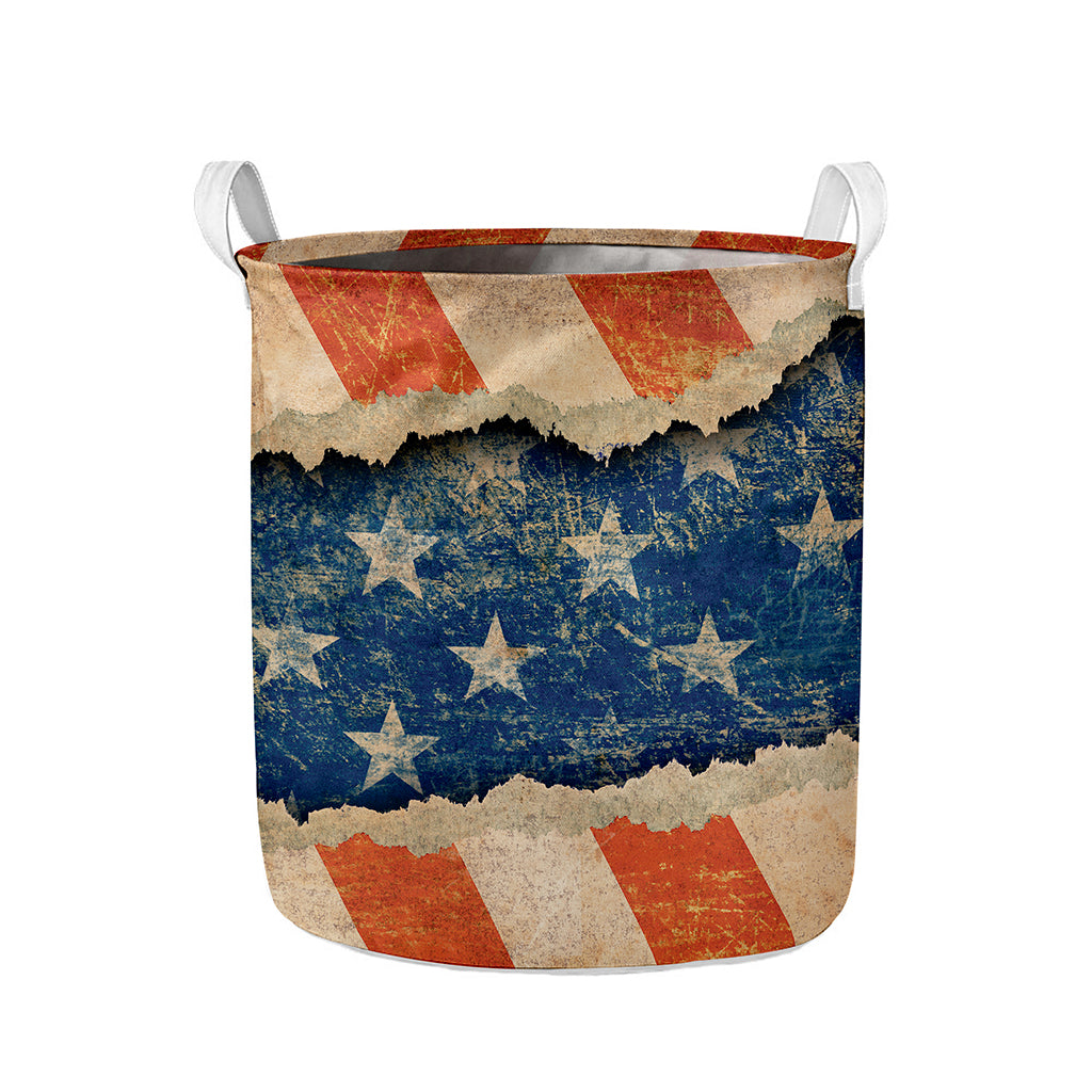 Grunge Ripped Paper American Flag Print Collapsible Laundry Basket