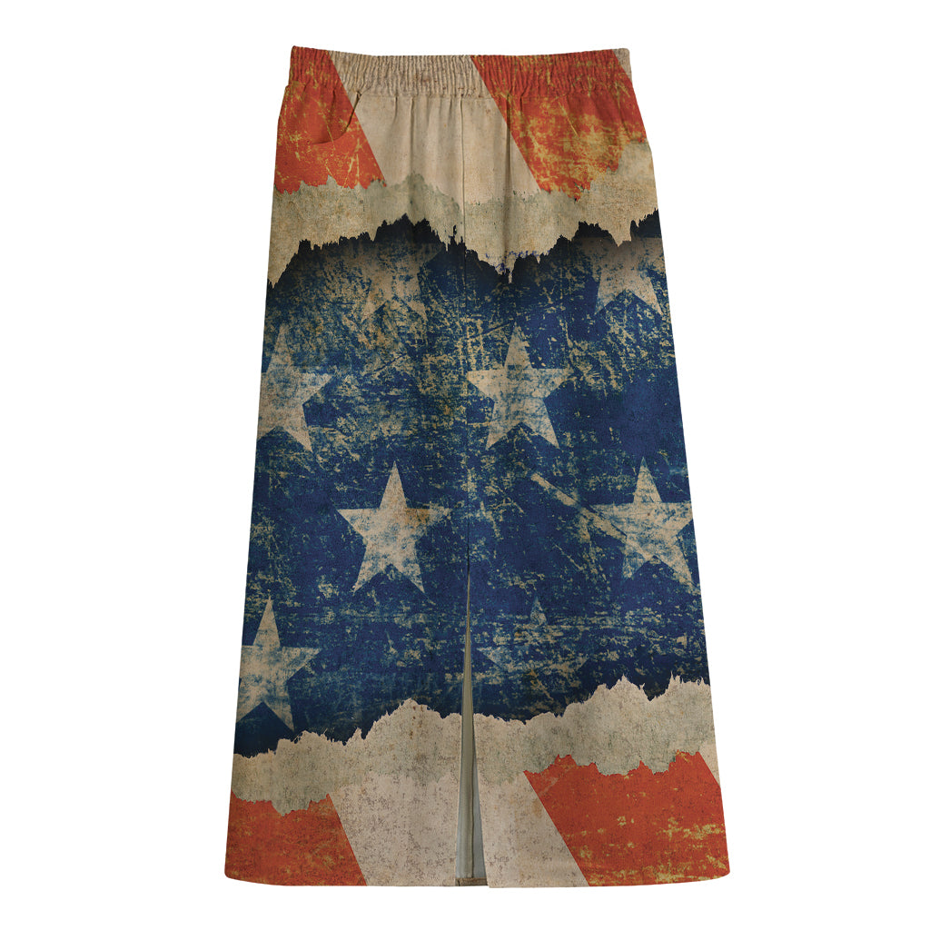 Grunge Ripped Paper American Flag Print Cotton Front Slit Maxi Skirt
