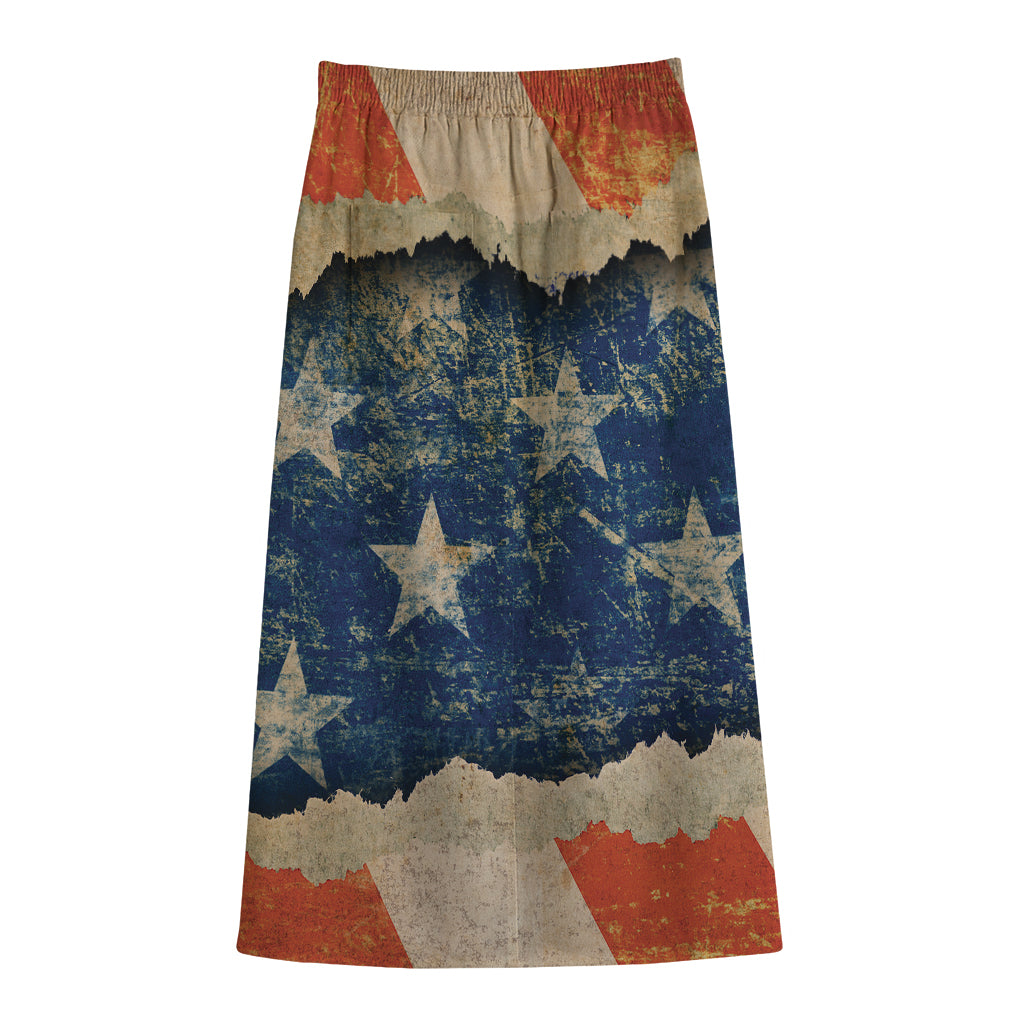 Grunge Ripped Paper American Flag Print Cotton Front Slit Maxi Skirt