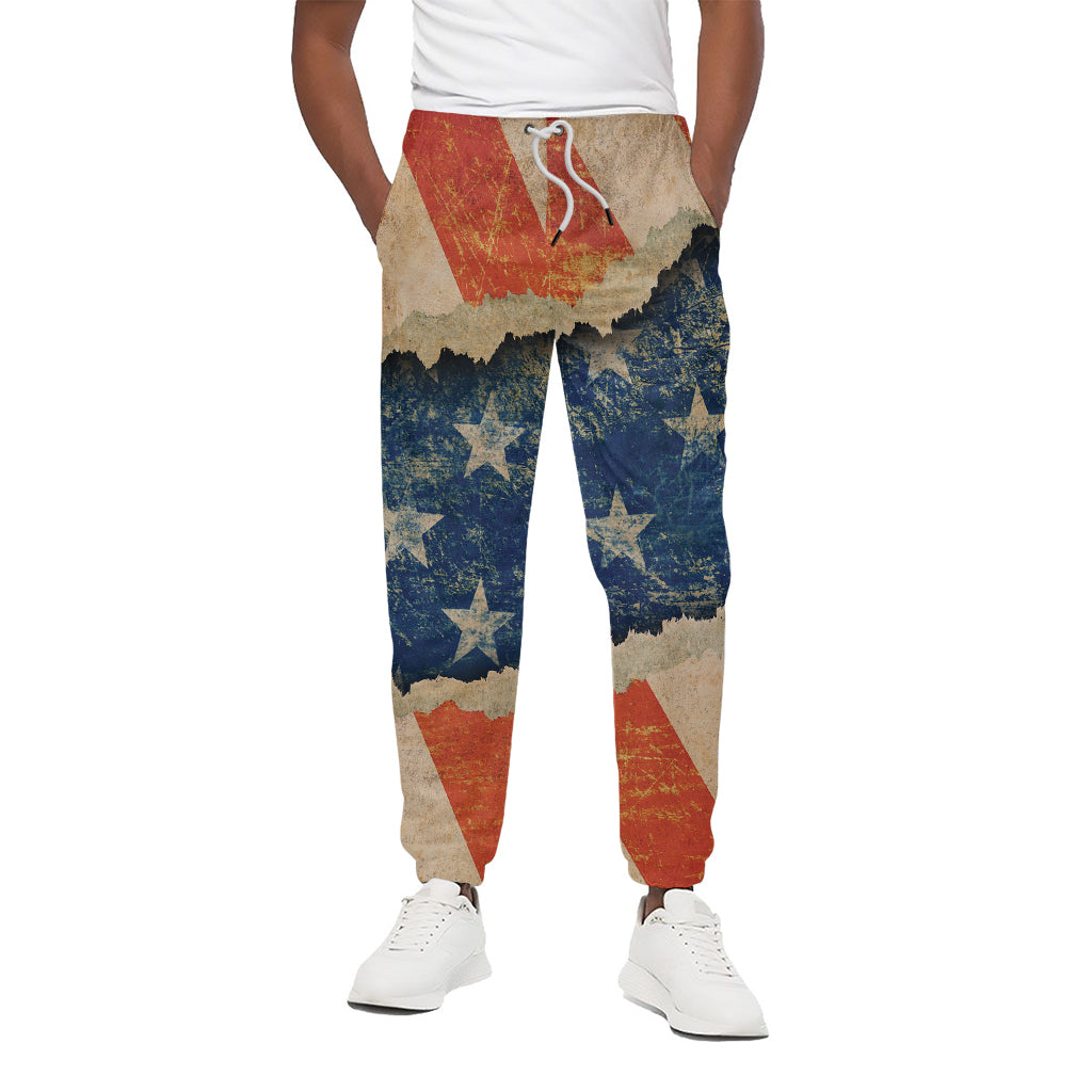 Grunge Ripped Paper American Flag Print Cotton Pants