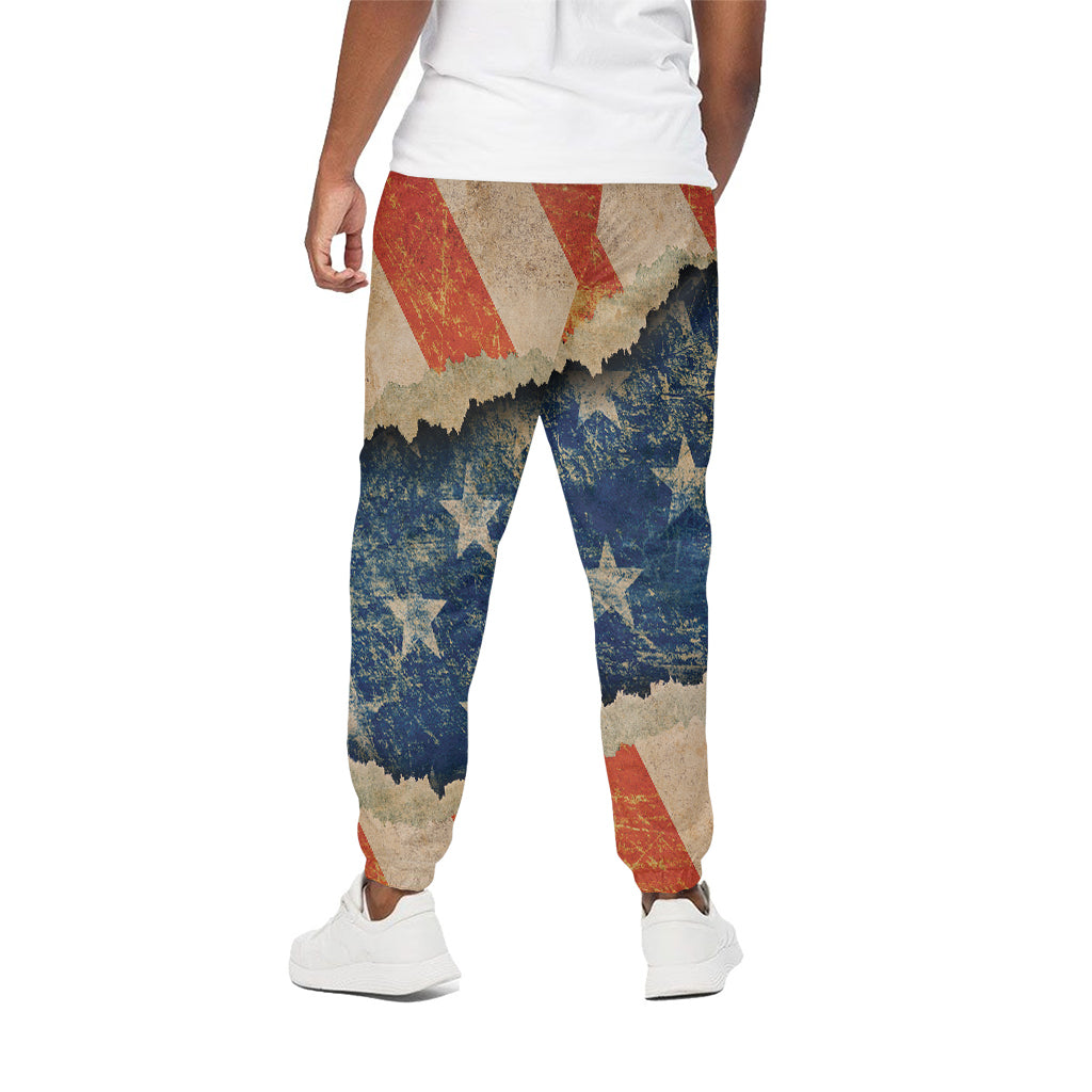 Grunge Ripped Paper American Flag Print Cotton Pants