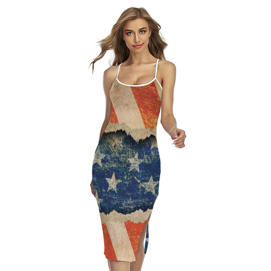Grunge Ripped Paper American Flag Print Cross Back Cami Dress