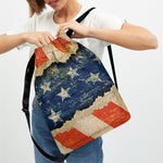 Grunge Ripped Paper American Flag Print Drawstring Backpack