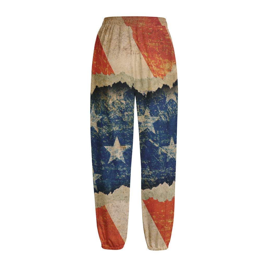 Grunge Ripped Paper American Flag Print Fleece Lined Knit Pants