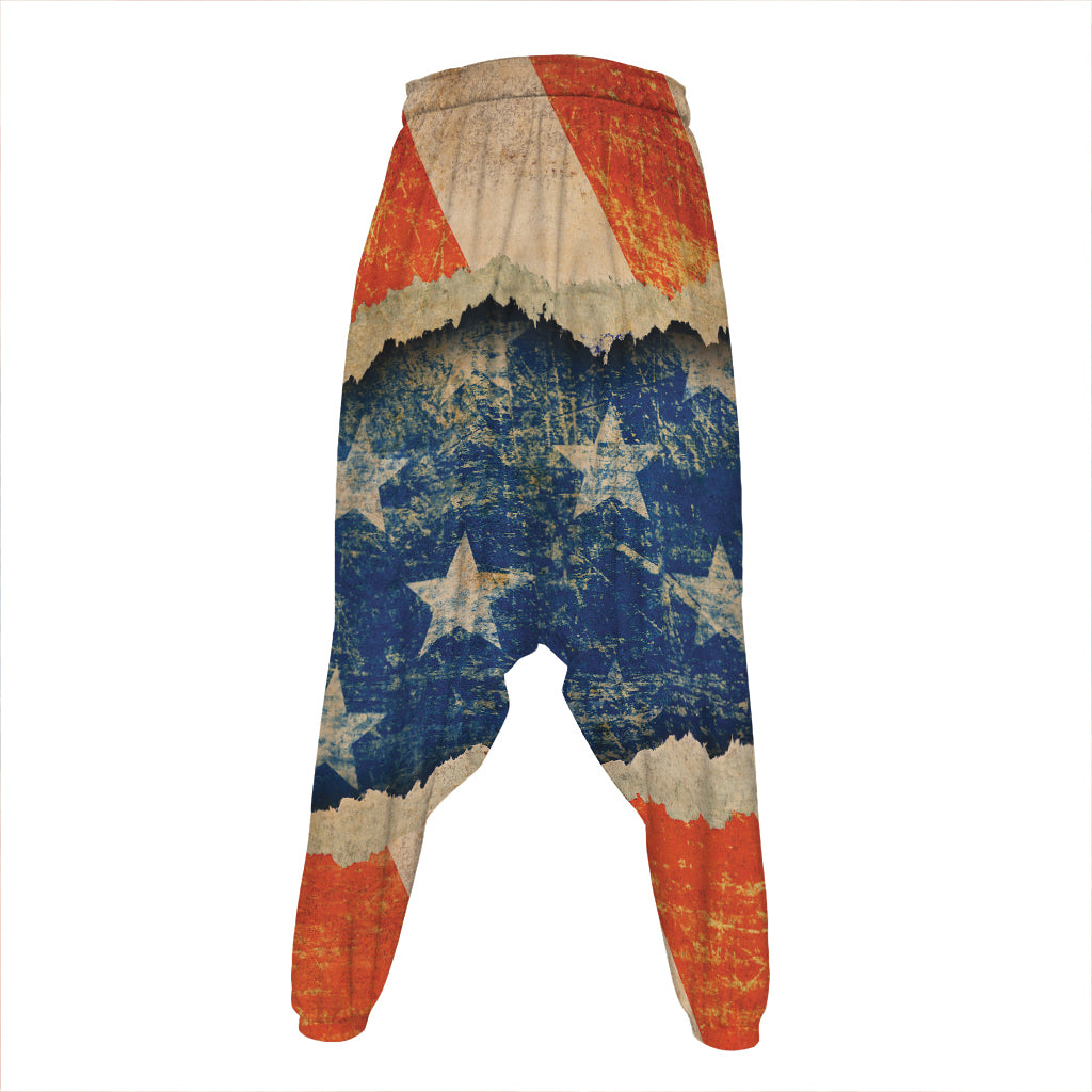 Grunge Ripped Paper American Flag Print Hammer Pants