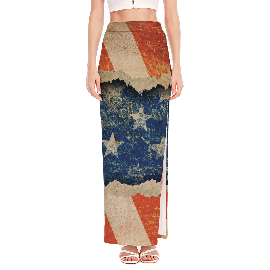 Grunge Ripped Paper American Flag Print High Slit Maxi Skirt