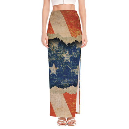 Grunge Ripped Paper American Flag Print High Slit Maxi Skirt