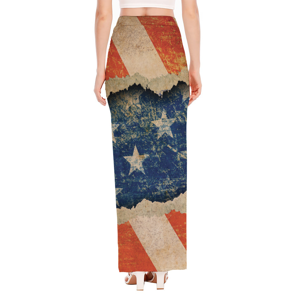 Grunge Ripped Paper American Flag Print High Slit Maxi Skirt